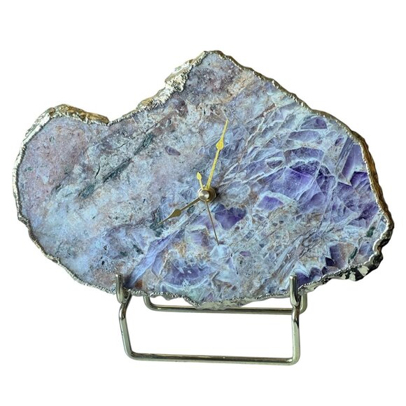 Amethyst Slab Desk or Wall Clock With Gold Edges & Detachable Stand 6.5”TX9.75” - Picture 12 of 12